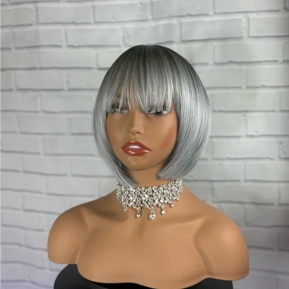 Ombré silver bob wig with bangs premium quality synthetic hair - Picture 1 of 10